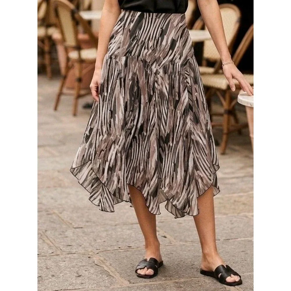 Susan Graver Printed Midi Skirt SZ Brown Black Abstract Asymmetrical Hem Lined